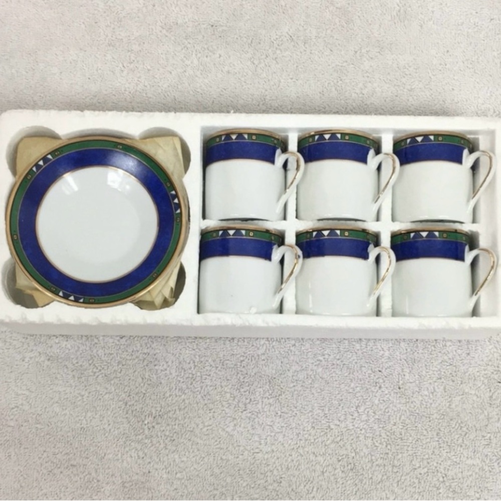 Vintage Imperial Table Blue Green Small 6 Coffee Cup Saucer Porcelain Fine China